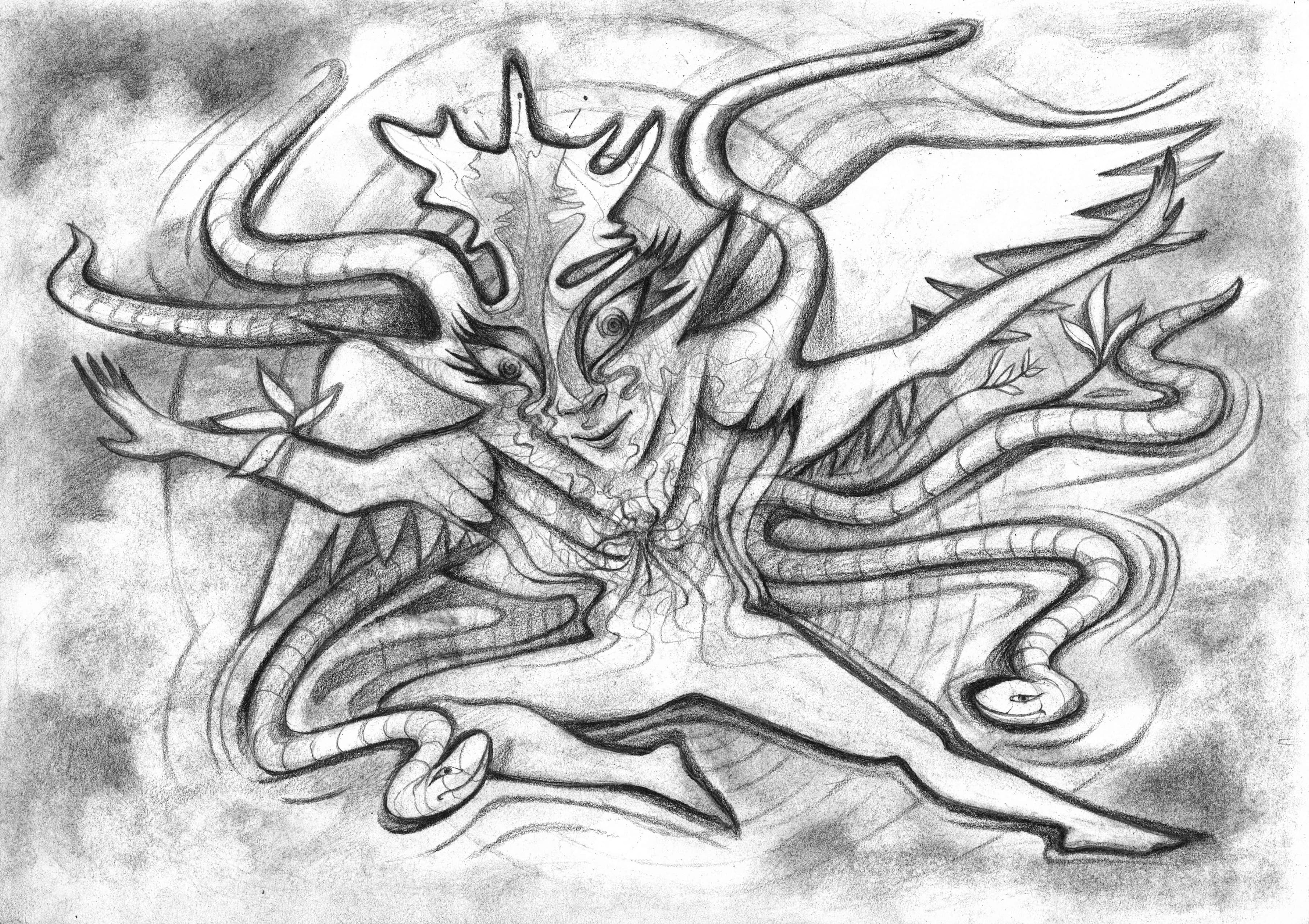 Non-stop, no running, floating, Charcoal on paper
