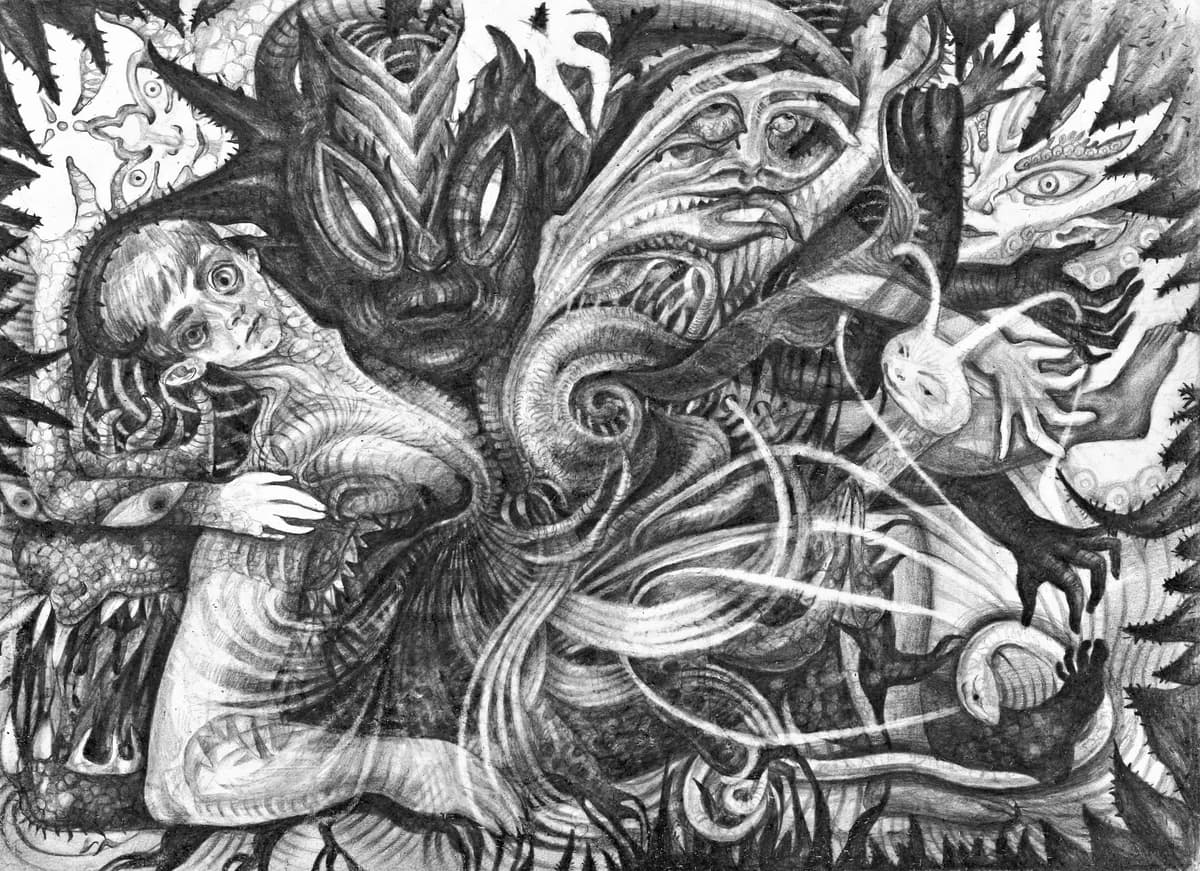 Interdimensional Sabotage, Charcoal on paper