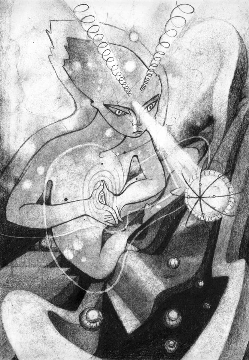 The Avatar: Interdimensional Reality Bender, Charcoal on paper